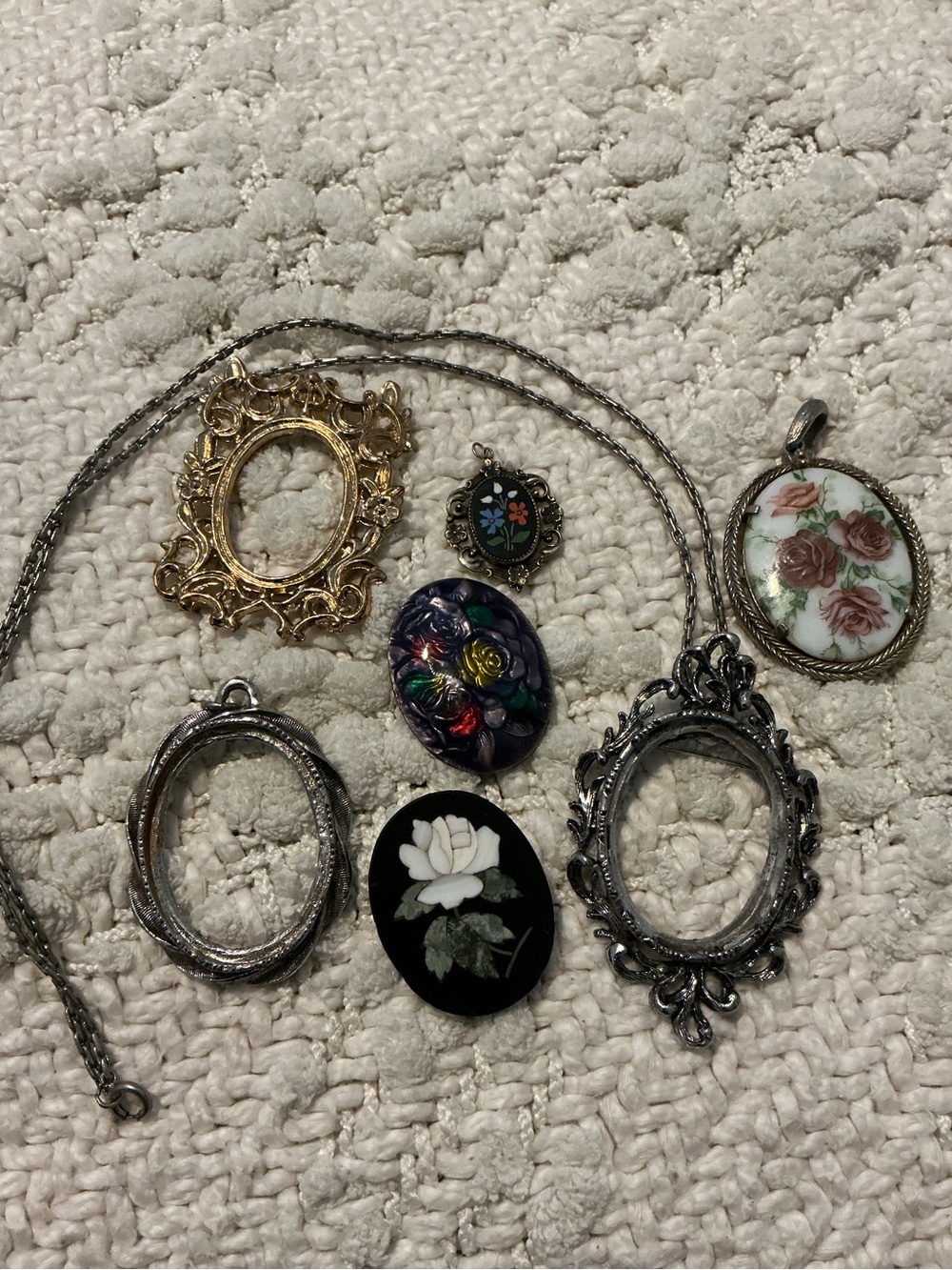 Vintage Oval Necklace Pendant Frames Pietra Dura Enamel Porcelain Bundle Lot